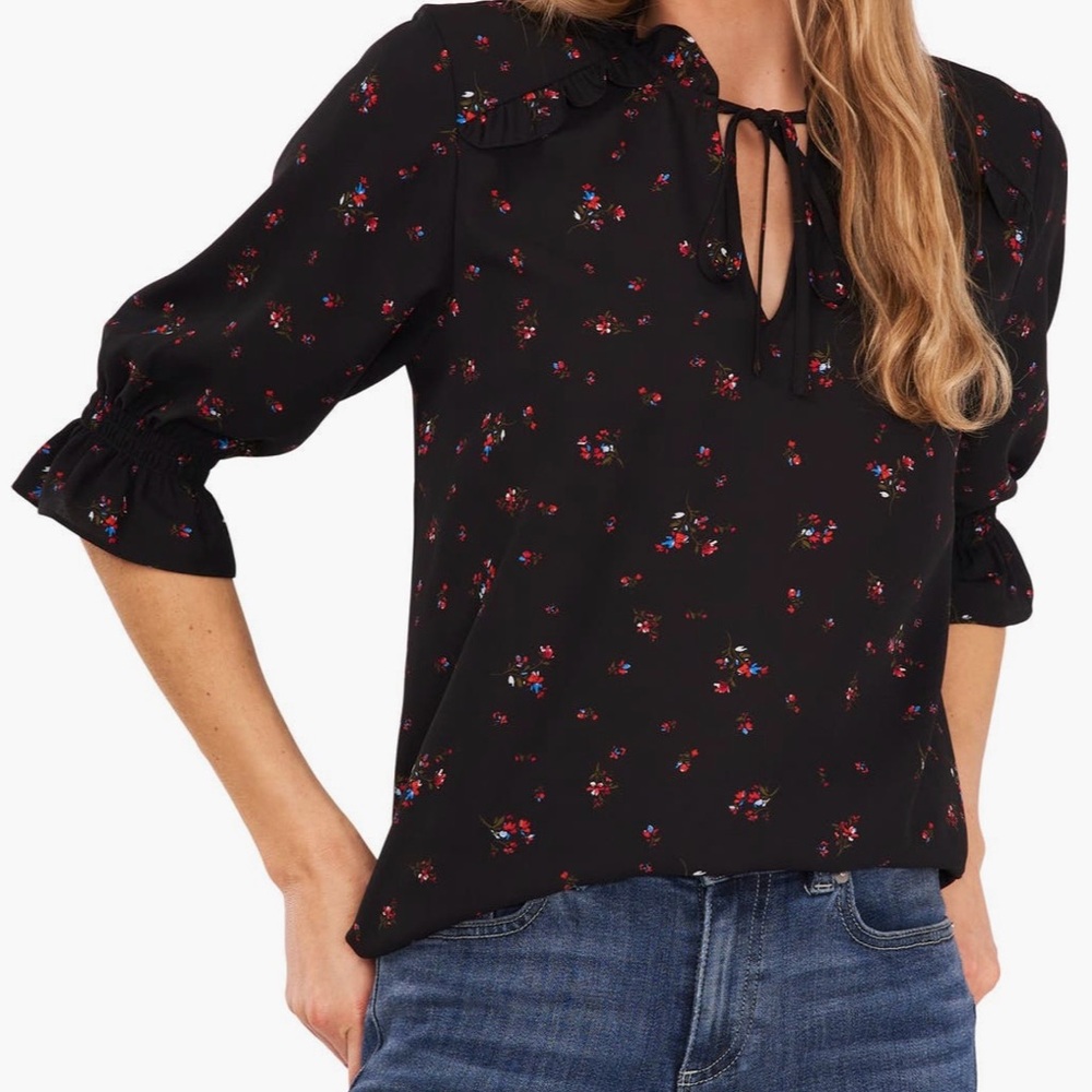 CeCe Black Puff Sleeve Blouse with Tie Front